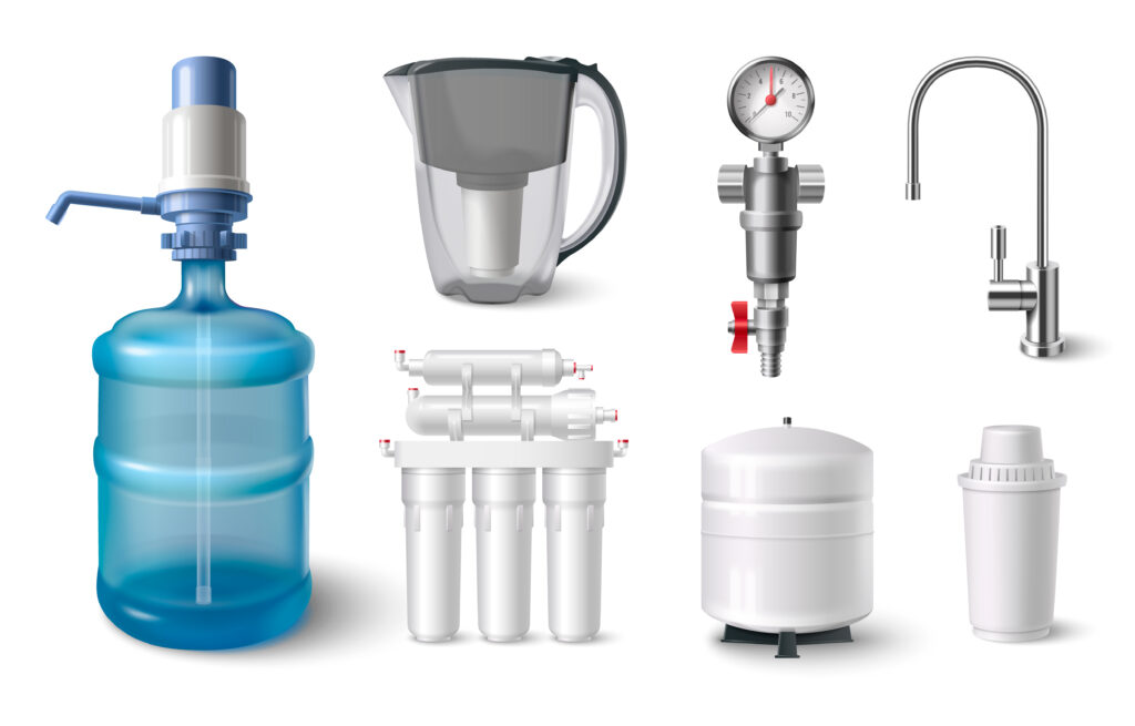 an ai image of different types of water filters and water apparatus 