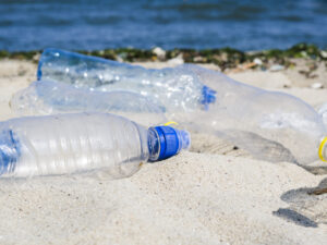 Plastic bottle waste scattered along a sandy beach, highlighting environmental pollution and ocean contamination issues