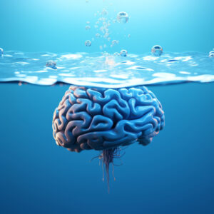 AI-rendered brain emerging from water, symbolising the vital link between hydration and cognitive function for enhanced brain health.