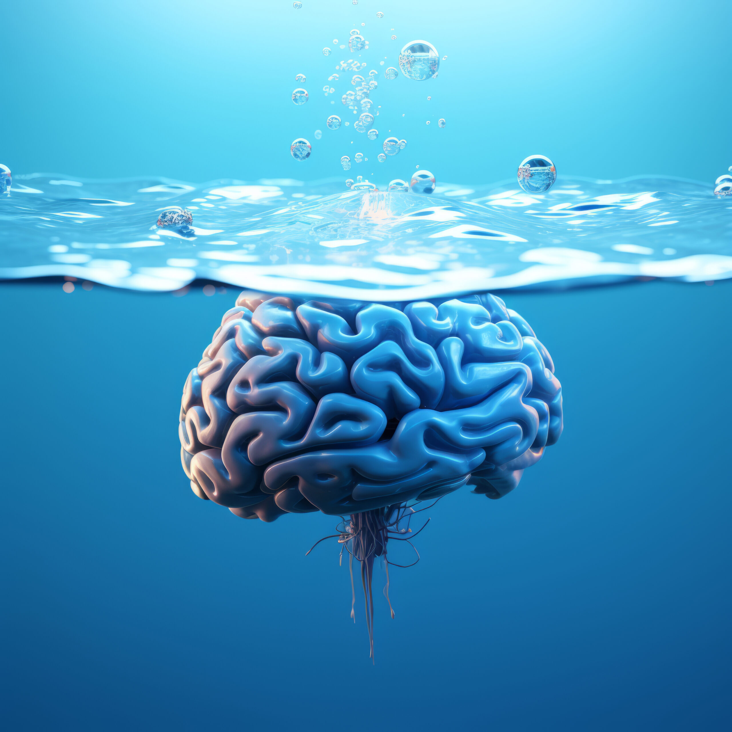 AI-rendered brain emerging from water, symbolising the vital link between hydration and cognitive function for enhanced brain health.